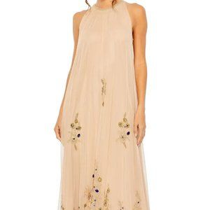 Mac Duggal Nude Gold Beaded Halter Neck Sleeveless Trapeze Gown